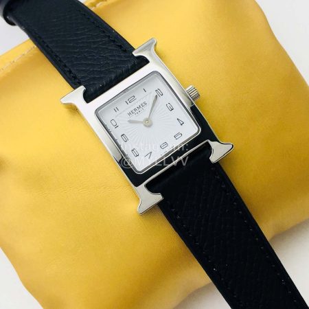 Hermes Hr Factory Fine Steel Case Square Dial Black Leather Strap Watch