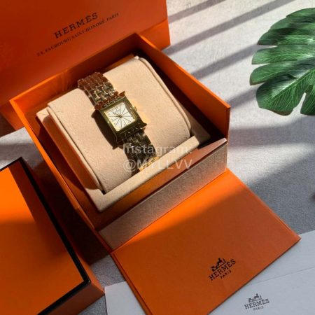 Hermes Square Dial Gold Steel Strap Watch