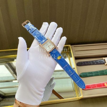 Hermes Classic Square Dial Leather Strap Diamond Watch Blue