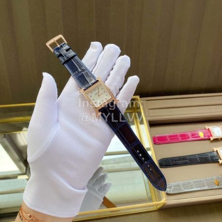 Hermes Classic Square Dial Leather Strap Diamond Watch Navy