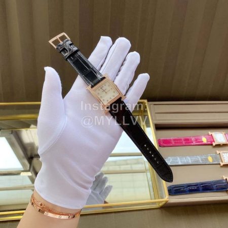 Hermes Classic Square Dial Leather Strap Diamond Watch Black