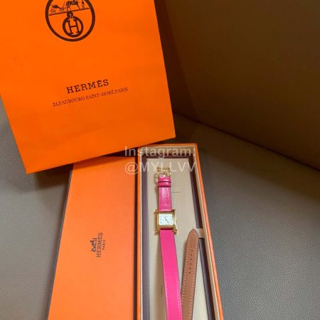 Hermes Square Dial Leather Strap Around Watch Rose Red