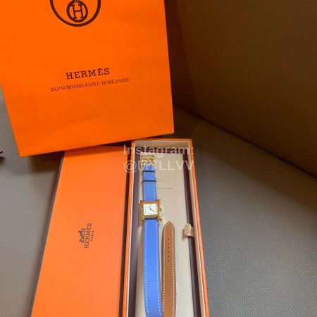 Hermes Square Dial Leather Strap Around Watch Blue