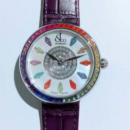 Jacob Co Leather Strap Colourful Diamonds Watch Purple