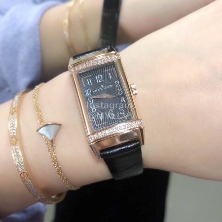 Jaeger Lecoultre Revers One Leather Strap Square Dial Diamond Watch