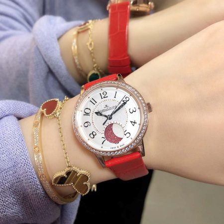 Jaeger Lecoultre Moon Phase Leather Strap Watch Red