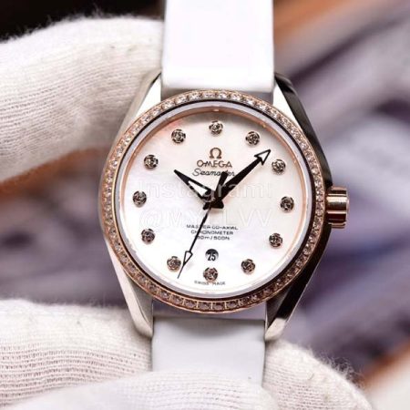 Omega Leather Strap 34mm Dial Diamond Watch For Women