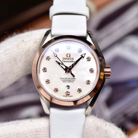 Omega Leather Strap 34mm Dial Watch For Women