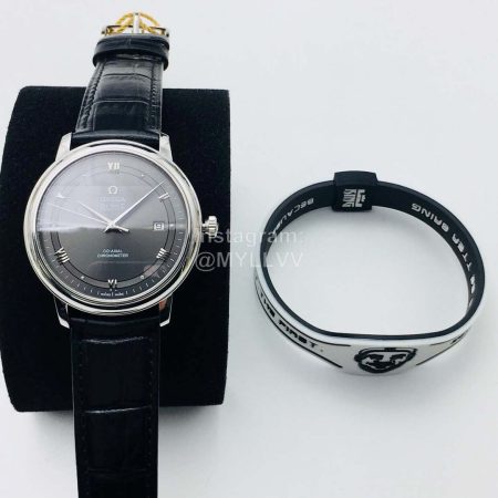 Omega Black Leather Strap 316l Steel Case Watch