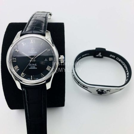 Omega Oe Factory Hour Vision Black Leather Strap Watch