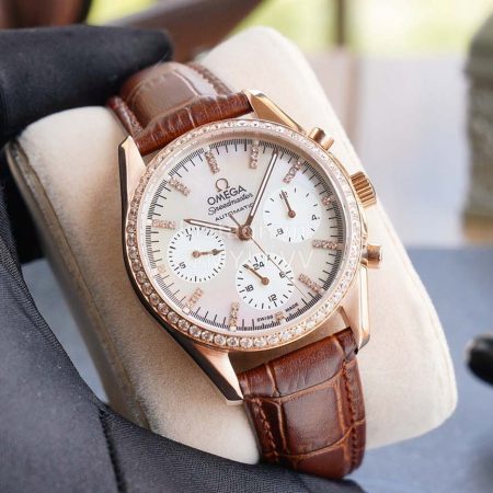 Omega Sapphire Crystal Leather Strap Watch Brown