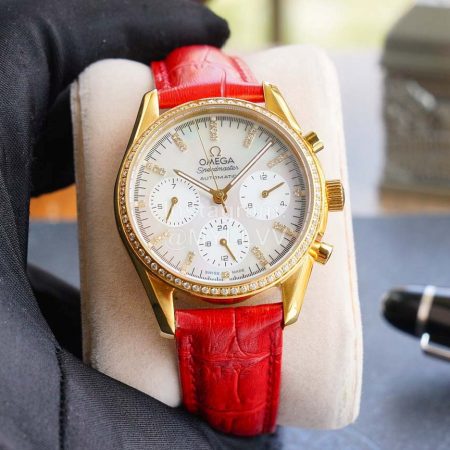 Omega Sapphire Crystal Leather Strap Watch Red