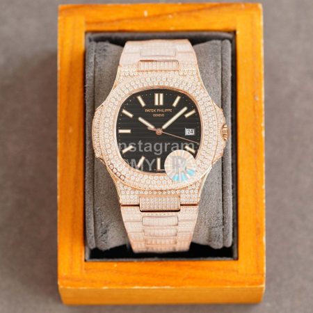 Patek Philippe Steel Strap Diamond Black Dial Watch Rose Gold