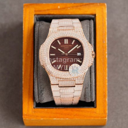 Patek Philippe Steel Strap Diamond Brown Dial Watch Rose Gold