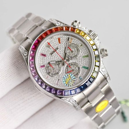 Rolex Steel Strap Diamond Dial Watch Silver