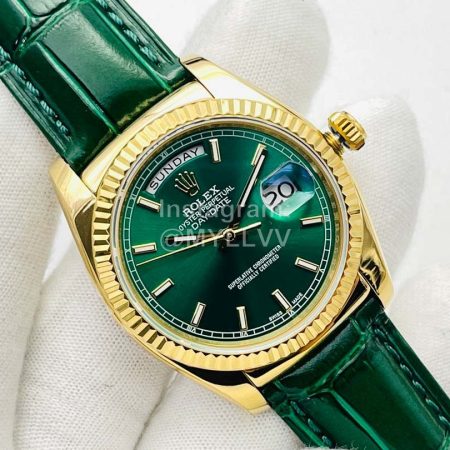 Rolex Dr Factory Day-Date 36mm Dial Leather Strap Watch Green