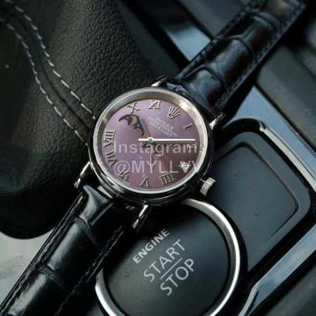 Rolex Roman Numeral Dial Leather Strap Watch Purple