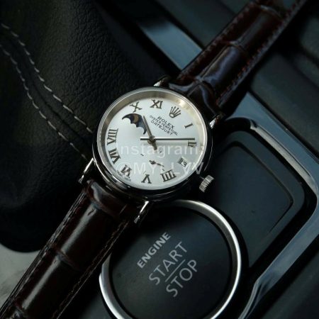Rolex Roman Numeral Dial Leather Strap Watch White