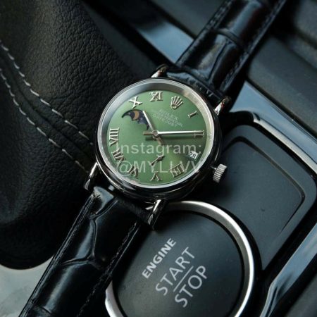 Rolex Roman Numeral Dial Leather Strap Watch Green