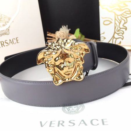 Versace New Gray Calf Leather Gold Medusa Buckle 40mm Belt