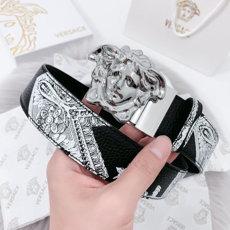 Versace New Printed Calf Leather Silver Medusa Buckle 40mm Belt
