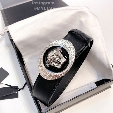 Versace Smooth Calf Leather Oval Silver Medusa Buckle 38mm Belt