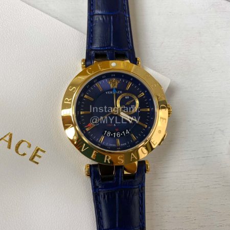 Versace Sapphire Crystal Leather Strap 45mm Dial Watch Dark Blue